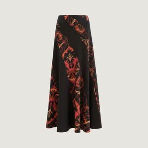 Vintage Boho Patchwork Ikat Maxi Skirt Black Orange Pink A-Line Long Skirt